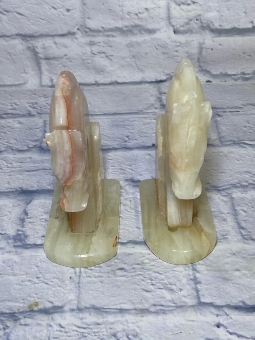 Vintage Hand-Carved Onyx Stone Trojan Horse Head Bookends MCM Art Deco